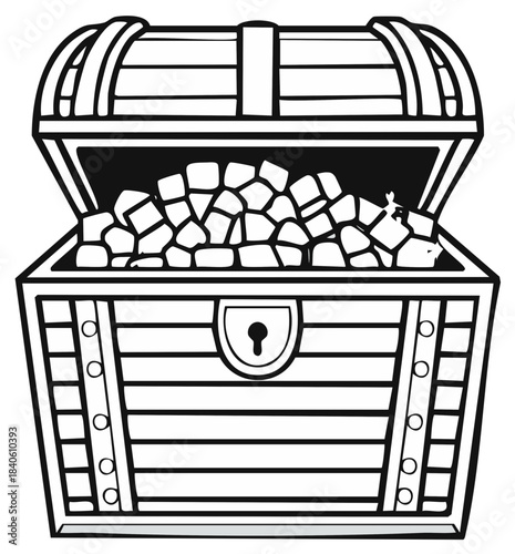 An open antique wooden treasure chest overflowing with rough uncut gems and precious stones