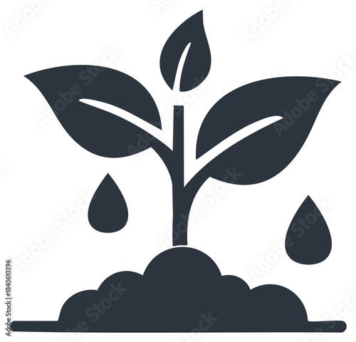 Simple seedling plant growing from fertile soil with falling water drops clean icon