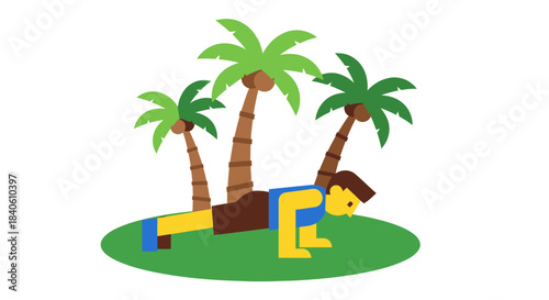 Healthy Lifestyle Concept With Person Exercising Under Tropical Palm Trees, Bright Sunny Day