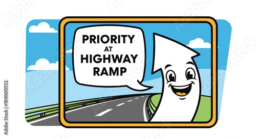 Highway Ramp Priority Illustrated Cartoon Depicting Guidance and Road Direction Sign