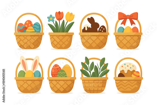 Easter basket collection, eggs, bunnies, chocolate, flat vector illustration