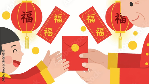 A charming flat design illustration showing an elder person giving a red envelope (angpao) to a happy child during Chinese New Year, symbolizing blessings and good fortune
