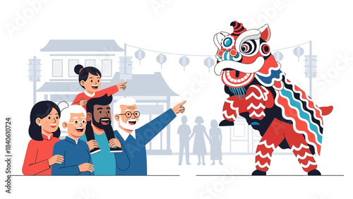 This vibrant flat design illustration showcases a multi-generational family excitedly watching a dynamic lion dance performance during Chinese New Year celebrations