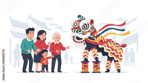 This vibrant flat design illustration showcases a multi-generational family excitedly watching a dynamic lion dance performance during Chinese New Year celebrations