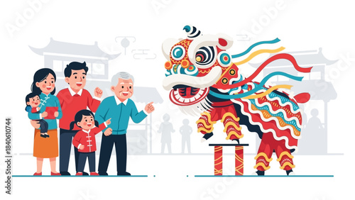 This vibrant flat design illustration showcases a multi-generational family excitedly watching a dynamic lion dance performance during Chinese New Year celebrations