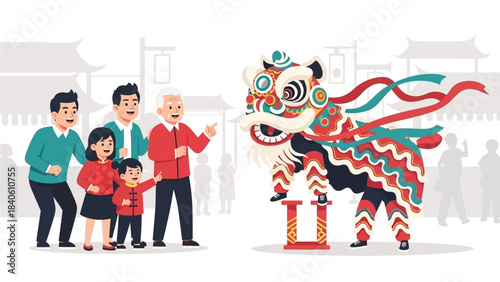 This vibrant flat design illustration showcases a multi-generational family excitedly watching a dynamic lion dance performance during Chinese New Year celebrations