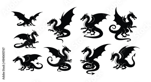 A collection of black silhouette dragon illustrations in various dynamic poses