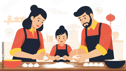 This delightful flat design illustration shows a family happily engaged in the traditional activity of making dumplings (jiaozi) together in the kitchen for Chinese New Year