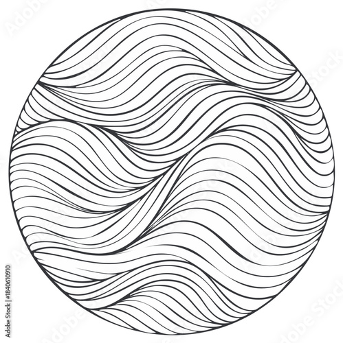 Abstract Circular Pattern of Flowing Wavy Lines in Black and White