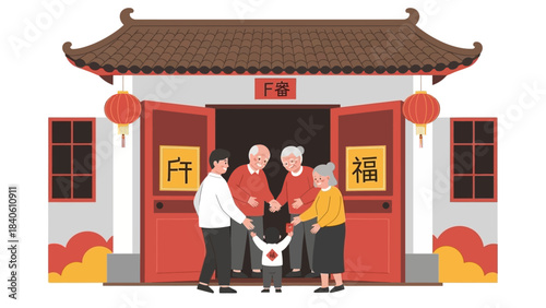 A tender flat design illustration depicting a young family arriving to visit their grandparents, receiving a warm welcome during the auspicious Chinese New Year celebration