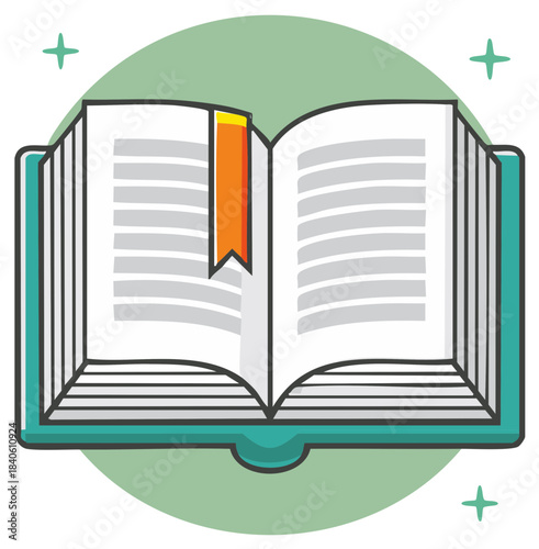 Open book cartoon with orange bookmark, education themed illustration, reading concept