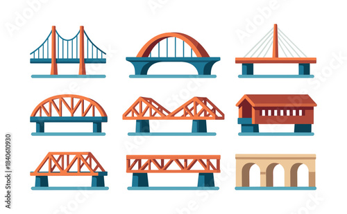 Bridge types, flat vector illustration with arches, suspension, and truss designs