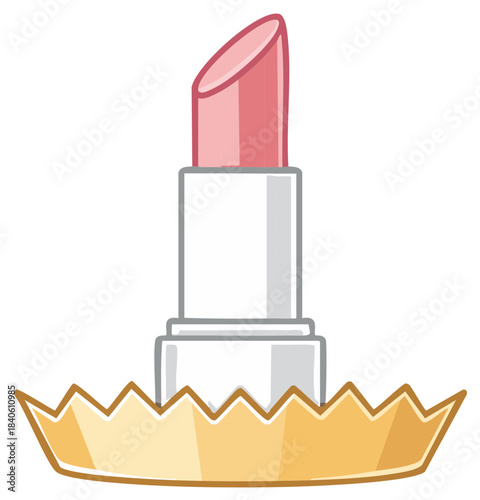Pink Lipstick Standing on Golden Crown, Beauty Accessory, Queen Concept
