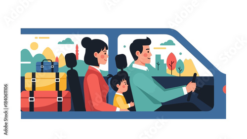A conceptual flat design illustration depicting a family on a journey, traveling home with luggage to celebrate the Chinese New Year