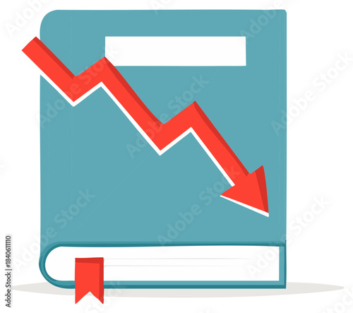 Concept of Declining Literacy and Education with a Book and Falling Red Arrow