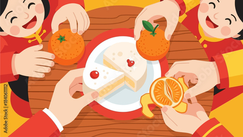 This delightful flat design illustration shows a family happily sharing traditional Chinese New Year treats such as nian gao and auspicious oranges, symbolizing prosperity and sweetness