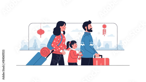 A conceptual flat design illustration depicting a family on a journey, traveling home with luggage to celebrate the Chinese New Year