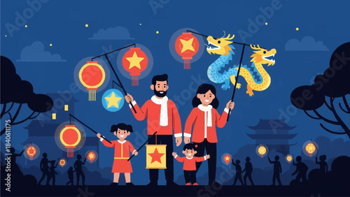 This vibrant flat design illustration shows a family joyfully participating in a traditional Lantern Festival (Cap Go Meh) parade, holding beautifully illuminated lanterns under a festive night sky