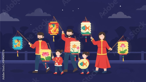 This vibrant flat design illustration shows a family joyfully participating in a traditional Lantern Festival (Cap Go Meh) parade, holding beautifully illuminated lanterns under a festive night sky