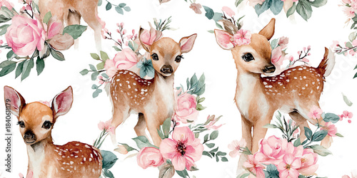 Sweet vector repeating pattern featuring watercolor baby deer and delicate pink floral bouquets, perfect for design, nursery textiles, and baby shower stationery
