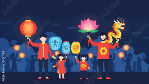 This vibrant flat design illustration shows a family joyfully participating in a traditional Lantern Festival (Cap Go Meh) parade, holding beautifully illuminated lanterns under a festive night sky