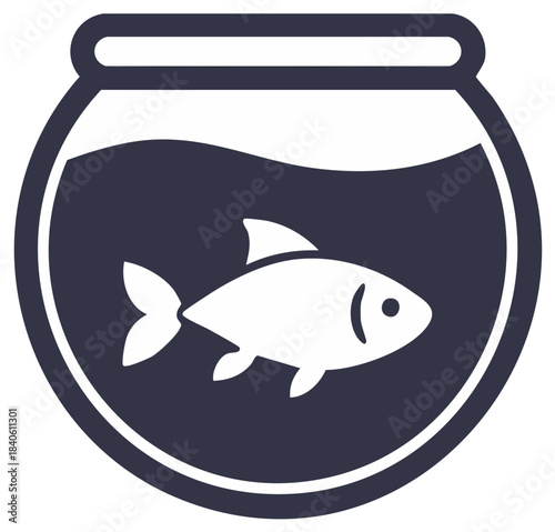 Stylized fish swimming in a fishbowl illustration on a dark navy background