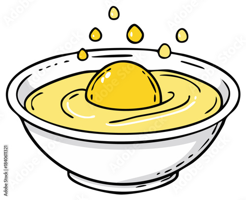 Artistic drawing of a bright yellow egg yolk in a white bowl with splashing liquid and droplets