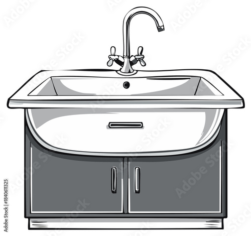 Bathroom sink basin with cabinet, faucet, and double doors with classic design features and minimalist aesthetic.