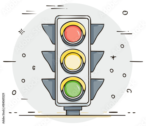 Illustrated traffic light with red yellow and green signal lights active