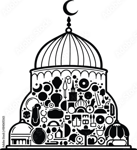 Monochrome Vector Illustration of Stylized Mosque Silhouette Filled with Culinary Tools Depicted in Minimalist Composition to Represent Cultural Fusion, Religious Symbolism, and Communal Food