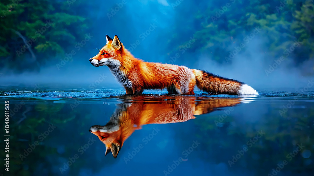 Naklejka premium 3d illustration of red fox standing in water with reflection in misty forest