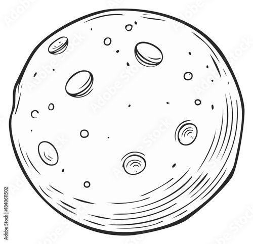 Hand drawn lunar surface with craters etching illustration, depicting a sphere with markings and lunar landscape details