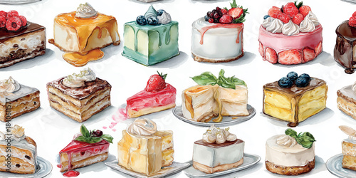 Assortment of realistic watercolor miniature desserts and cakes seamless pattern for gourmet packaging, bakery branding, and food blogs