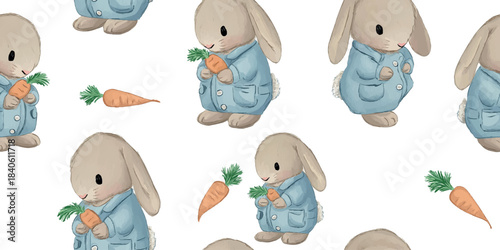 Cute cartoon rabbit in a blue jacket holding a carrot, an adorable repeating pattern for design, fabrics, stationery, and children's home decor