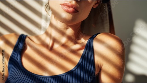 Sunlit Close Up of Woman’s Lips and Shadow Lines Aesthetic Portrait