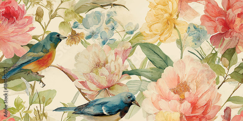 Oil painted peony and bird seamless pattern on a textured white wood background for luxurious fabrics, elegant wallpaper, and romantic decor