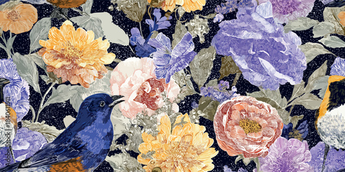 Intricate luxury vector pattern with detailed birds and blooming flowers in gold, lavender, and bronze on a navy blue starry background for design, textiles, and upscale branding