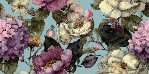 Luxurious floral repeating pattern featuring detailed peony flowers in dusky pink, rich burgundy, and cream white for design, fabrics, wallpapers, and elegant packaging