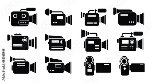 Collection of vintage and modern video camera icons in black and white