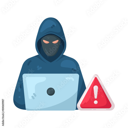 Illustration of Hacker with Laptop and Warning Sign