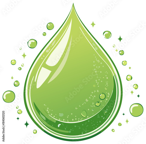 Vibrant green liquid drop with sparkling bubbles and glossy highlights symbolizing freshness and purity