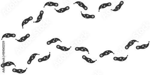 Christmas Elf boot footprint. Leaving flip-flops prints on the floor from left to right. Elf step by step on white background. Flip-flops silhouette round tracks and text space for your web site desig