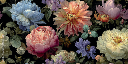 Dramatic floral vector pattern with dahlias and peonies in blue, pink, and orange on a rich black background for design, elegant fabrics, and luxurious home decor