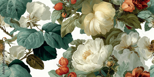 Baroque floral vector pattern featuring lush white, cream, and orange flowers with dark sage leaves for design, oil-painted fabrics, packaging, and sophisticated home decor.