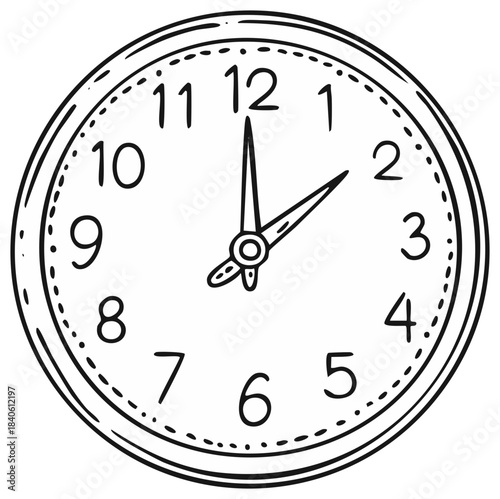 Hand-Drawn Round Clock Face with Numbers Showing Two O'Clock in Black and White