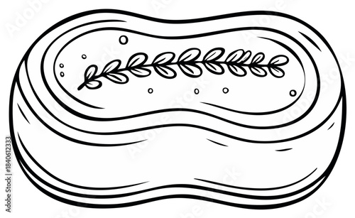 Simple Outline Drawing of a Soap Dish with a Leafy Branch and Bubbles