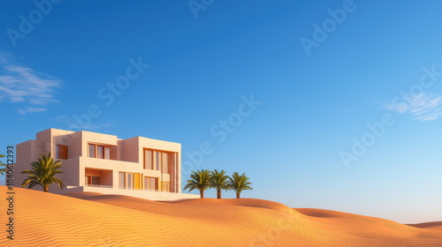 Modern desert hotel stands elegantly amidst golden sand dunes under clear blue sky, offering serene escape in tranquil environment