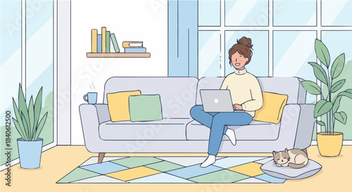 A woman comfortably working on her laptop while sitting cross-legged on a sofa in a bright, modern living room with a sleeping cat nearby.