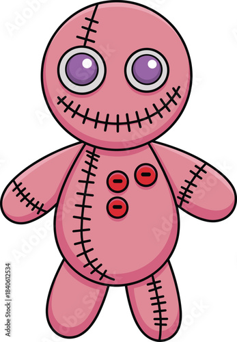 Cute pink voodoo doll cartoon illustration, Halloween spooky plush toy art, stitched character design, creepy yet adorable doll vector drawing