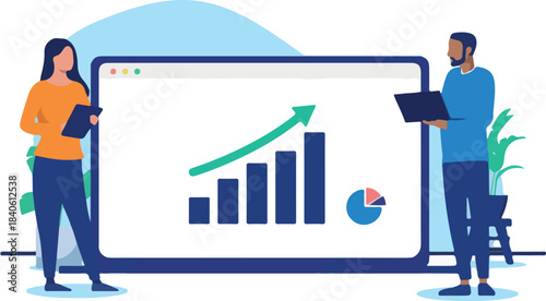 Business growth - Man and woman with laptop computer looking at rising diagram chart and graph with green arrow pointing up towards financial success. Flat design vector illustration.